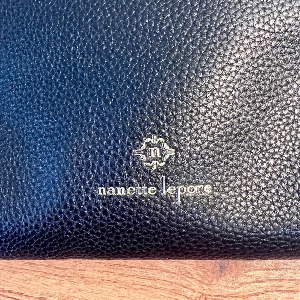 Nanette Lepore Black Leather and Gold‎ Detail Wristlet Clutch Handbag